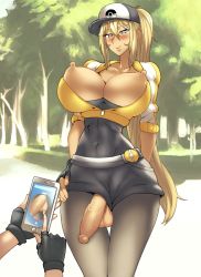  10s 1girl aqua_eyes artist_request baseball_cap blonde_hair blush breast_slip breasts breasts_out cellphone cleavage covered_navel creatures_(company) curvy female_protagonist_(pokemon_go) fingerless_gloves functionally_nude futanari game_freak gloves hand_on_own_hip hat huge_breasts long_hair narrow_waist newhalf nintendo nipples penis penis_out phone photographic_proof pokemon pokemon_go ponytail puffy_nipples smartphone solo solo_focus testicles tree uncensored veins veiny_penis very_long_hair wide_hips  rating:Explicit score:103 user:eglutter