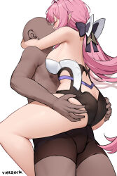  1boy 1girl artist_name ass ass_grab bare_arms bare_legs bare_shoulders blush breasts closed_eyes dark-skinned_male dark_skin elysia_(honkai_impact) faceless faceless_male feet_out_of_frame hair_ornament head_hug honkai_(series) honkai_impact_3rd interracial kiss large_breasts leotard lifting_person long_hair pink_hair ponytail shorts sideboob simple_background very_long_hair vierzeck white_background  rating:Questionable score:16 user:Sir_Cumalot