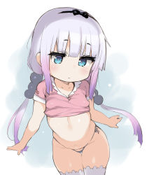 10s 1girl atte_nanakusa black_panties blue_eyes blunt_bangs breasts clothes_lift covered_erect_nipples cowboy_shot expressionless foreshortening hair_ribbon highres kanna_kamui kobayashi-san_chi_no_maidragon leaning_forward light_purple_hair loli long_hair low_twintails md5_mismatch micro_panties navel no_pants panties resolution_mismatch ribbon shirt_lift side-tie_panties simple_background small_breasts solo source_larger string_panties thigh_gap thighhighs thighs twintails underwear white_thighhighs rating:Questionable score:269 user:danbooru