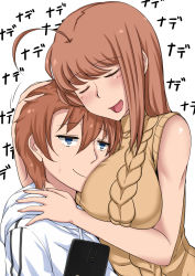 1boy 1girl annoyed aran_sweater blue_eyes breast_pillow breasts brother_and_sister cable_knit cellphone closed_eyes hand_on_another&#039;s_head holding_head hug huge_breasts maru_(maruttona) minoru_oba orange_hair original phone siblings sleeveless sleeveless_turtleneck smartphone sweatdrop sweater turtleneck 