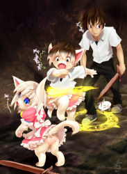  animal_ears cat_ears cat_tail dress shirt shoes slit_pupils sneakers sword tail transformation weapon  rating:Questionable score:15 user:danbooru
