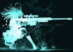  1girl black_background female_focus from_side full_body gloves glowing gun medium_hair rifle simple_background sniper_rifle solo water weapon  rating:General score:1 user:yeoc2