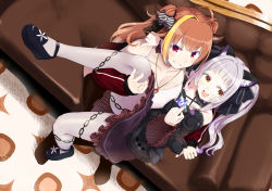 2girls :d ahoge animal_ears blunt_bangs blush bow breasts brown_eyes brown_legwear carrying cat_ears cleavage couch fingernails from_above grey_hair grin highres hololive horn_bow horn_ornament horns hota jacket jewelry kiryu_coco kiryu_coco_(loungewear) large_breasts long_sleeves looking_at_viewer middle_finger multicolored_hair multiple_girls murasaki_shion murasaki_shion_(gothic_lolita) necklace open_mouth orange_hair pantyhose princess_carry purple_skirt red_eyes red_jacket skirt smile streaked_hair thighhighs two_side_up virtual_youtuber white_legwear