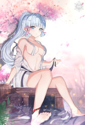  1girl absurdres ayaka_(genshin_impact) bare_shoulders barefoot belt black_belt blue_eyes blue_hair blunt_bangs blush branch breasts bridge cherry_blossoms collarbone commentary_request covered_erect_nipples flower genshin_impact grass hair_ornament hair_ribbon hair_tubes hand_up highres korean_commentary leaf long_hair long_sleeves looking_at_viewer medium_breasts mole mole_under_eye navel open_clothes open_shirt outdoors petals pink_flower pink_ribbon ponytail ribbon river shirt shorts sitting sky solo stomach teeth tree water water_drop white_shirt white_shorts white_sky wide_sleeves yeni1871 