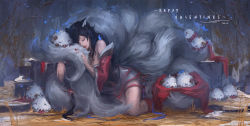  1girl ahri_(league_of_legends) animal_ears bad_id bad_pixiv_id black_hair bug butterfly closed_mouth closed_eyes fingernails fox_ears fox_tail glowing highres bug jenny_mun kitsune league_of_legends long_fingernails long_hair multiple_tails nail_polish outdoors poro_(league_of_legends) red_nails sleeping tail tongue tongue_out tree valentine winter  rating:Sensitive score:5 user:danbooru