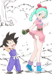  1boy 1girl absurdres aqua_hair ass bare_legs belt belt_buckle black_hair blue_footwear boots bow bracelet brown_gloves buckle bulma child closed_mouth dragon_ball dragon_radar dress fingerless_gloves full_body gloves gluteal_fold green_eyes hair_bow highres holding jewelry looking_at_another looking_back microsd_(pibo) open_mouth panties pantyshot pink_dress pointing red_bow short_sleeves single_glove smile son_goku spiked_hair standing thighs underwear white_panties 