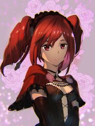 1girl amy_sorel ashiomi_masato black_gloves breasts capelet choker commentary_request drill_hair expressionless floral_background gloves gothic_lolita lolita_fashion looking_at_viewer medium_hair red_capelet red_eyes red_hair small_breasts solo soul_calibur soulcalibur_vi twin_drills upper_body v_arms rating:Sensitive score:13 user:danbooru