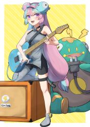  1girl :d absurdres bellibolt between_breasts bike_shorts bow-shaped_hair breasts commentary_request creatures_(company) ebi-chan_(tvyd2583) electric_guitar game_freak grey_footwear grey_shirt guitar highres holding holding_instrument instrument iono_(pokemon) knees leg_up long_hair multicolored_hair nintendo open_mouth pokemon pokemon_(creature) pokemon_sv shirt shoes sleeveless sleeveless_shirt smile strap_between_breasts teeth thigh_strap twintails two-tone_hair upper_teeth_only yellow_background 