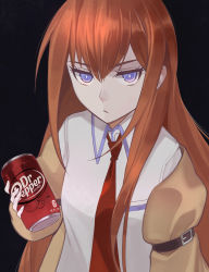 1girl belt belt_buckle blue_eyes breast_pocket bright_pupils brown_hair buckle can cheshikk closed_mouth collar collared_shirt dr_pepper drink_can hair_between_eyes highres holding jacket long_hair long_sleeves looking_at_viewer makise_kurisu necktie pocket red_necktie shirt soda soda_can solo steins;gate white_pupils rating:Sensitive score:6 user:danbooru