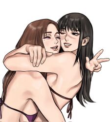  2girls bikini black_hair breasts brown_eyes brown_hair cleavage closed_eyes couple eye_contact face-to-face from_side hand_on_another&#039;s_back heads_together highres hug ieiri_shoko imeko_san iori_utahime jujutsu_kaisen large_breasts long_hair looking_at_another medium_breasts multiple_girls navel open_mouth profile scar scar_on_face sidelocks simple_background string_bikini swimsuit white_background yuri 