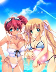 2girls aqua_eyes ball bare_shoulders beach beachball bikini blonde_hair breast_rest breasts cleavage cloud collarbone emily_(artist) covered_erect_nipples goggles goggles_on_head green_eyes hair_ornament highres large_breasts long_hair multiple_girls original red_hair side-tie_bikini_bottom side_ponytail skindentation smile strap_gap striped striped_bikini striped_one-piece_swimsuit swimsuit tan tanline thigh_gap twintails water wet rating:Questionable score:17 user:danbooru