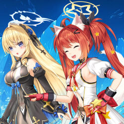  2girls :d ^_^ ahoge animal_ear_fluff animal_ears bare_shoulders black_dress black_ribbon black_sleeves blonde_hair blue_eyes blush breasts bridal_gauntlets closed_eyes commentary_request detached_sleeves dress gloves hair_between_eyes hair_intakes hair_ornament hair_ribbon hairclip halo hand_on_own_hip highres juliet_sleeves large_breasts long_hair long_sleeves multiple_girls mvv open_mouth original pointing puffy_sleeves red_gloves red_hair red_sailor_collar ribbon sailor_collar sailor_dress smile tail twintails very_long_hair white_dress 