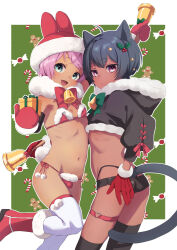  2boys :d @@@ ahoge animal_ears ass bell bikini black_hair black_thighhighs blue_eyes bob_cut border bow bowtie box bulge cat_boy cat_ears cat_tail christmas cropped_jacket dark-skinned_male dark_skin fang fur-trimmed_bikini fur-trimmed_headwear fur_trim gift gift_box gloves green_bow green_bowtie hair_ornament hand_on_own_ass highleg highres holding holding_bell holding_gift looking_at_viewer male_focus micro_shorts mistletoe_hair_ornament multiple_boys navel open_mouth original outline outside_border patterned_background pink_eyes pink_hair red_bikini red_bow red_bowtie red_gloves shorts smile star_(symbol) star_hair_ornament swimsuit tail thigh_strap thighhighs thong trap watermark white_border white_outline white_thighhighs 
