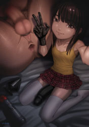  1boy 1girl age_difference altyane_hetata anus artificial_penis ass bdsm brown_hair butt_plug censored dark dildo femdom flat_chest gloves highres latex loli looking_at_viewer lube lying on_back penis sex_toy shirt skirt strap-on t-shirt tagme tan tanline thighhighs v  rating:Explicit score:214 user:mind_moth