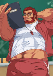  1boy absurdres alternate_costume arm_behind_head bara beard bespectacled classroom coach covered_erect_nipples dark-skinned_male dark_skin eyebrow_stubble facial_hair fate/zero fate_(series) full_beard genta_iwayama glasses highres iskandar_(fate) jacket large_pectorals looking_to_the_side male_focus mature_male midriff_peek muscular muscular_male pants pectorals red_eyes red_hair short_hair solo sparse_navel_hair thick_beard thick_eyebrows track_jacket track_pants veins veiny_arms whistle whistle_around_neck 