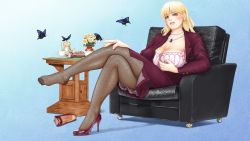 1girl blonde_hair blush bracelet breasts bug butterfly cleavage comma cookie couch cup feet food high_heels highres bug jewelry large_breasts legs crossed_legs long_legs miniskirt open_shoes original pantyhose shoes single_shoe sitting skirt solo teacup teapot thighs toes rating:Sensitive score:18 user:danbooru
