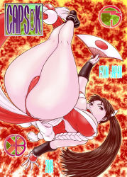 1girl aki_kyouma ass ass_focus breasts brown_eyes brown_hair dress fatal_fury folding_fan hand_fan highres huge_ass jumping large_breasts long_hair ninja open_mouth panties ponytail revealing_clothes shiny_skin shiranui_mai short_dress skindentation smile snk solo the_king_of_fighters thong underwear rating:Sensitive score:14 user:danbooru