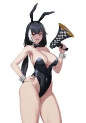  1girl alternate_costume animal_ears bare_legs bare_shoulders black_bow black_bowtie black_hair black_leotard blush bow bowtie breasts cero_(last2stage) cleavage collarbone commentary commission covered_navel cowboy_shot detached_collar english_commentary fake_animal_ears girls&#039;_frontline hand_on_own_hip heterochromia highleg highleg_leotard highres holding large_breasts leotard long_hair multicolored_hair parted_lips playboy_bunny rabbit_ears red_eyes ro635_(girls&#039;_frontline) simple_background smile solo streaked_hair thighs white_background white_hair wrist_cuffs yellow_eyes 