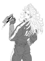  1girl ass commentary_request dorohedoro from_behind gloves greyscale highres jacket looking_back messy_hair monochrome noi_(dorohedoro) pants smile solo yonchi  rating:General score:5 user:danbooru