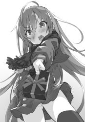  1girl ahoge embarrassed gift greyscale hair_between_eyes highres incoming_gift long_sleeves looking_at_viewer miniskirt monochrome open_mouth panties pantyshot pov rokushou scarf school_uniform shakugan_no_shana shana simple_background skirt solo standing thighhighs underwear white_background 