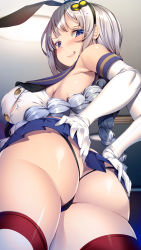 1girl absurdres animal_ears ass ass_focus black_panties blouse blue_eyes blue_sailor_collar blue_skirt blush braid breasts butt_crack closed_mouth commentary_request cosplay detached_sleeves gradient_background grey_hair hair_ornament hands_on_own_ass highres kantai_collection kizuna_akari large_breasts licking_lips long_hair looking_at_viewer miniskirt panties pleated_skirt rabbit_ears sailor_collar school_uniform serafuku shimakaze_(kancolle) shimakaze_(kancolle)_(cosplay) shirt simple_background skirt smile solo standing striped_clothes striped_thighhighs thighhighs thong tongue tongue_out torisan twin_braids underwear voiceroid white_shirt rating:Questionable score:73 user:danbooru
