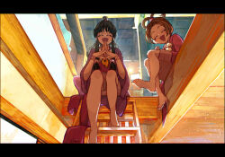  1nwe9 2girls :d ace_attorney barefoot black_hair brown_hair child closed_eyes cousins facing_viewer hair_rings indoors japanese_clothes jewelry kimono long_hair magatama magatama_necklace maya_fey multiple_girls necklace open_mouth own_hands_together pearl_fey purple_kimono short_hair sidelocks sitting smile steepled_fingers 