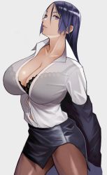 1girl absurdres bad_id bad_twitter_id black_bra black_skirt bra breasts cleavage closed_mouth collarbone fate_(series) highres jacket large_breasts long_hair long_sleeves looking_at_viewer minamoto_no_raikou_(fate) miniskirt off_shoulder office_lady open_clothes open_jacket pantyhose parted_bangs parted_lips purple_eyes purple_hair see-through shiny_clothes shirt skirt teacher underwear very_long_hair white_shirt yoshio_(55level) rating:Questionable score:166 user:danbooru
