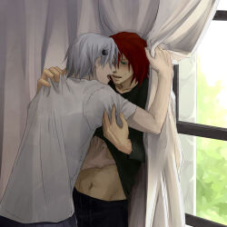  2boys after_kiss blue_eyes blush closed_eyes curtain_grab curtains franken_stein_(soul_eater) grabbing_another&#039;s_shoulder hand_on_another&#039;s_stomach imminent_kiss kiss kiyocco multiple_boys object_through_head open_mouth screw_in_head small_sweatdrop soul_eater spirit_albarn white_hair window yaoi 
