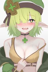  1girl absurdres aoi_(camp)_(princess_connect!) aoi_(princess_connect!) arms_at_sides bare_shoulders blush breasts brown_tank_top cleavage clover_ornament collarbone elf green_eyes green_hair green_hat green_jacket hair_over_one_eye hat heart heart-shaped_pupils highres jacket medium_breasts medium_hair open_clothes open_jacket open_mouth orange_sports_bra orange_tank_top pendant_choker pointy_ears princess_connect! ryachika simple_background solo sports_bra strap_slip symbol-shaped_pupils tank_top upper_body 