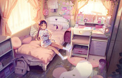  1girl alarm_clock animal_bag backpack bag ball_gag basket bdsm bed bedroom black_eyes black_hair blush book bookshelf candy cellphone chair chromatic_aberration clock collar commentary commentary_request curtains cushion demon_girl demon_tail desk desk_lamp digital_media_player doll_house dress earphones english_commentary flower food gag hair_flower hair_ornament heart heart-shaped_pillow highres holding holding_stuffed_toy indoors lamp leash letterboxed loli lollipop long_hair long_sleeves looking_at_viewer mixed-language_commentary muk_(monsieur) no_pants no_shoes on_bed one_eye_closed original pen perspective phone pillow randoseru room room_focus roomscape rug sailor_collar scissors sexually_suggestive shoulder_bag signature sitting smartphone smile socks solo studded_collar stuffed_animal stuffed_rabbit stuffed_toy swirl_lollipop tail tiny_evil tissue_box trash_can unworn_backpack unworn_bag white_socks wide_shot wiffle_gag window wooden_floor yuu_(tiny_evil)  rating:Sensitive score:144 user:danbooru