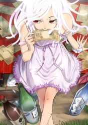  1girl alcohol arm_support artist_name averting_eyes banknote banknote_in_mouth bottle breasts closed_mouth commentary crossed_legs dirt_floor dress dress_ribbon feet_out_of_frame forked_tongue frilled_dress frills from_above grass hand_up highres holding holding_money kuchinawa looking_to_the_side medium_hair money monogatari_(series) mouth_hold official_alternate_eye_color official_alternate_hair_color on_floor otorimonogatari outdoors pink_dress pink_ribbon red_eyes ribbon sake sake_bottle scrunchie sengoku_nadeko sitting sleeveless sleeveless_dress small_breasts snake snake_hair solo strap_slip sundress tongue tongue_out twitter_username veranda watermark white_hair white_nails white_scrunchie white_snake wooden_floor wrist_scrunchie yoruno_mani 