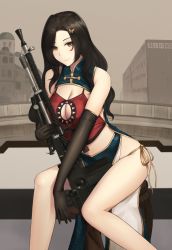  1girl bare_legs bare_shoulders black_gloves black_hair breasts brown_eyes building butterfly_hair_ornament center_opening china_dress chinese_clothes cleavage cleavage_cutout closed_mouth clothing_cutout cloud cloudy_sky cross-laced_clothes dress elbow_gloves feet_out_of_frame female_focus forehead gloves gold_trim gun hair_ornament highres holding holding_gun holding_weapon large_breasts long_hair looking_at_viewer odachu original outdoors parted_bangs rifle rooftop shrug_(clothing) sitting sky smile sniper_rifle solo weapon  rating:Sensitive score:13 user:danbooru