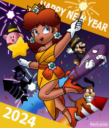 1boy 1girl 2024 3others artist_name bare_shoulders blue_eyes breasts brown_hair crown dog dog_(duck_hunt) dress duck_hunt dynamite earrings explosive facial_hair fireworks flower_earrings game_&amp;_watch grin happy_new_year hat high_heels jewelry kirby kirby_(series) legs lipstick makeup mario mario_(series) mr_game_and_watch multiple_others mustache new_year nintendo orange_dress princess_daisy riding smile smoke super_smash_bros. top_hat