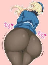 10s 1girl ass ass_shake atago_(kancolle) backboob blonde_hair blue_eyes breasts censored from_behind hat highres huge_ass kantai_collection large_breasts long_hair looking_at_viewer looking_back mosaic_censoring naughty_face open_mouth pantyhose pink_background raised_eyebrows simple_background smile solo sumemako thick_thighs thighs translation_request wide_hips rating:Questionable score:57 user:danbooru