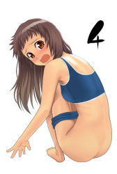 1girl ass barefoot bikini bikini_pull blue_bikini blush brown_hair clothes_pull feet have_to_pee homunculus_(alchemynote) long_hair looking_back open_mouth original panties panty_pull red_eyes simple_background solo squatting swimsuit tankini tears underwear rating:Questionable score:42 user:danbooru