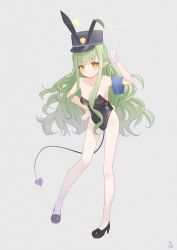  1girl absurdres animal_ears black_footwear black_hat black_leotard black_tail blue_archive blush breasts closed_mouth demon_tail fake_animal_ears fake_tail full_body gloves green_hair green_halo grey_background halo hat high_heels hikari_(blue_archive) highres huge_filesize leotard loli long_hair looking_at_viewer pantyhose peaked_cap pointy_ears rabbit_ears rabbit_tail signature simple_background small_breasts solo standing strapless strapless_leotard tachibana_shiori_(suica_112) tail white_gloves white_pantyhose yellow_eyes  rating:Sensitive score:26 user:danbooru