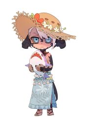  1boy au_ra black_sclera blue_eyes chibi closed_mouth colored_sclera full_body gg_dal hat horns looking_at_viewer male_focus scales simple_background solo standing straw_hat stuffed_animal stuffed_shark stuffed_toy warrior_of_light_(ff14) white_background 