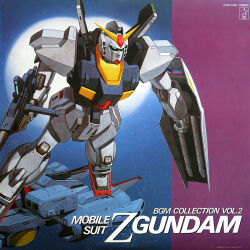  1980s_(style) album_cover artist_request beam_rifle commentary cover energy_gun english_text gundam gundam_mk_ii mecha mobile_suit no_humans official_art oldschool painting_(medium) promotional_art retro_artstyle robot scan science_fiction shield space spacecraft thrusters title traditional_media v-fin weapon zeta_gundam 