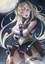  1girl bangs bare_shoulders bishoujo_senshi_sailor_moon blonde_hair blue_sailor_collar blush breasts choker circlet cosplay elbow_gloves ereshkigal_(fate) fate/grand_order fate_(series) full_moon gloves highres imizu_(nitro_unknown) large_breasts long_hair looking_at_viewer moon night night_sky open_mouth parted_bangs red_choker red_eyes sailor_collar sailor_moon sailor_moon_(cosplay) sailor_senshi_uniform sky smile thighs two_side_up  rating:Safe score:32 user:danbooru