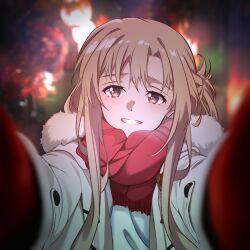  1girl alternate_costume asuna_(sao) braid brown_eyes brown_hair coat duffel_coat french_braid fur-trimmed_coat fur-trimmed_hood fur_trim grin highres hood long_hair looking_at_viewer meme mittens open_clothes open_coat open_mouth outdoors pov pov_cheek_warming_(meme) reaching reaching_towards_viewer red_mittens red_scarf scarf smile solo star_king sword_art_online upper_body white_coat winter_clothes winter_coat 