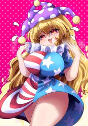 1girl american_flag_dress breasts clownpiece hat jester_cap large_breasts neck_ruff polka_dot polka_dot_headwear rion_(user_ufvg8527) solo star_(symbol) star_print touhou