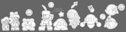 1boy 1girl 5boys ainu_clothes boo_(mario) breasts crossover fingerless_gloves ghost gloves goomba hair_ribbon highres kirby_(series) legs long_hair mario mario_(series) medium_breasts monochrome monster multiple_boys nakoruru nintendo overalls pants ribbon samurai_spirits sketch snk super_smash_bros. the_king_of_fighters thighs waddle_dee