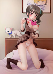  1girl bed bedroom black_hair black_socks blouse blue_scarf blush bow bowtie bra bra_pull breasts breasts_out brown_sailor_collar brown_shirt brown_skirt cat clothes_lift clothes_pull crotch_seam hair_ornament hair_scrunchie highres indoors kneeling large_breasts lifting_own_clothes long_sleeves looking_at_viewer medium_hair miniskirt navel nekoranbu nekoyashiki_mayu nekoyashiki_yuki nekoyashiki_yuki_(cat) nipples on_bed open_clothes open_shirt panties parted_lips picture_frame pink_bow pink_bowtie pleated_skirt precure purple_eyes sailor_collar scarf school_uniform scrunchie second_wangan_school_uniform shirt side_ponytail skirt skirt_lift socks solo underwear undressing white_bra white_panties wonderful_precure! 