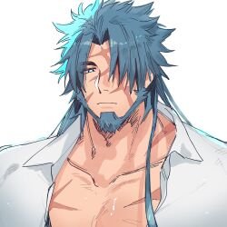  1boy aqua_hair bara beard closed_mouth collarbone facial_hair full_beard hagiography hair_over_one_eye highres live_a_hero long_hair looking_down male_focus muscular muscular_male open_clothes open_shirt portrait scar scar_on_chest scar_on_face shidemasu_(live_a_hero) shirt simple_background sketch solo white_background white_shirt  rating:Sensitive score:1 user:danbooru
