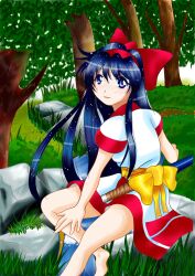  1girl ainu_clothes backboob barefoot blue_eyes blue_hair blush breasts feet hair_ribbon highres legs long_hair nakoruru nature open_mouth ribbon river samurai_spirits sitting small_breasts smile snk solo the_king_of_fighters thighs water weapon 