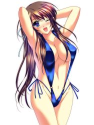  1girl armpits arms_behind_head arms_up bad_id bad_pixiv_id bikini blue_eyes blush breasts brown_hair cleavage happy highres large_breasts long_hair navel one_eye_closed open_mouth original sazanami_(artist) side-tie_bikini_bottom slingshot_swimsuit smile solo swimsuit thighs wink 