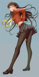  1girl amagi_yukiko black_hair black_pantyhose blue_background breasts brown_eyes female_focus full_body glasses gradient_background grey_background hairband hand_on_own_hip hand_on_leg highres kneepits ldh leaning_forward legs light_smile long_hair long_sleeves looking_at_viewer looking_back looking_to_the_side neckerchief over-rim_eyewear pantyhose persona persona_4 pleated_skirt ribbed_sweater sailor_collar school_uniform semi-rimless_eyewear shoes skirt smile solo sweater  rating:Sensitive score:58 user:dmysta3000