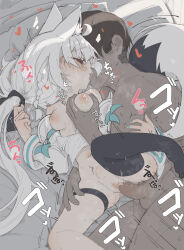  1boy 1girl animal_ear_fluff animal_ears black_thighhighs blue_nails bottomless braid breasts censored closed_eyes clothed_female_nude_male clothed_sex commentary commentary_request dark-skinned_male dark_skin fingernails fox_ears fox_girl fox_tail french_kiss grabbing grabbing_another&#039;s_breast hetero highres hololive kiss lactation long_hair long_sleeves low_ponytail lying medium_breasts mosaic_censoring nail_polish navel nipples nude on_side paid_reward_available penis pussy saliva sex shirakami_fubuki shiroi_yoru shirt single_thighhigh sound_effects spooning stomach_bulge tail tearing_up tears testicles thigh_strap thighhighs trembling vaginal very_long_hair virtual_youtuber white_hair white_shirt  rating:Explicit score:119 user:danbooru