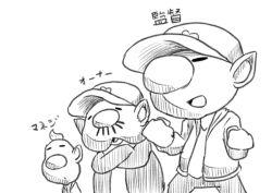  3boys alternate_costume baseball_cap big_nose clenched_hands closed_eyes commentary_request cowboy_shot crossed_arms floral_print greyscale hat jacket jersey long_sleeves louie_(pikmin) male_focus monochrome multiple_boys muscular nintendo olimar open_clothes open_jacket open_mouth pants parted_lips pikmin_(series) pointy_ears president_(pikmin) shirt simple_background sketch translation_request upper_body v-neck white_background yamato_koara 