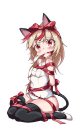  1girl animal_ears arms_behind_back bad_id bad_pixiv_id bdsm black_thighhighs blonde_hair blush bondage bound bound_arms breasts cat_ears cat_tail elin gag gagged floral_bow high_heels highres long_hair looking_at_viewer one-piece_swimsuit red_eyes ribbon ribbon_bondage school_swimsuit shoes simple_background sitting small_breasts solo swimsuit tail tail_ornament tail_ribbon tears tera_online thighhighs watery_eyes white_background white_school_swimsuit white_one-piece_swimsuit  rating:Questionable score:10 user:danbooru